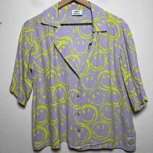 ONLY Smiley World Women Camp Button Front Shirt Large Purple Neon Smiley Face